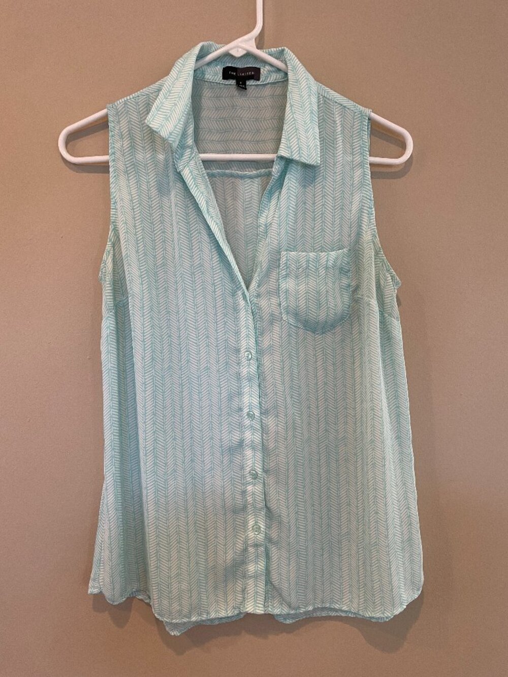 The Limited Sleeveless Blouse Aqua White Herringbone Collared S